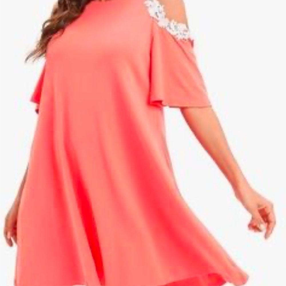 Pretty soft melon colored cold shoulder swing dress with lace detail